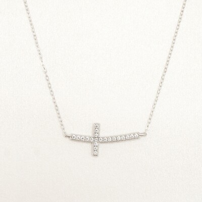 Lavishe 925 Sterling Silver Cubic Zirconia Sideways Cross Curved Necklace