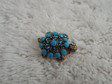 Goldtone Blue Bead Rhinestone Turtle Pin