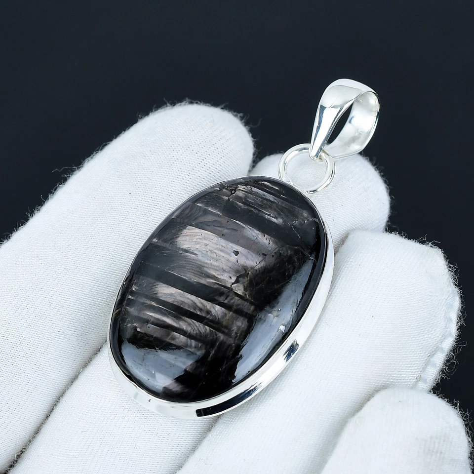 Pendente In Argento 925 Fatto A Mano In Gemma Di Obsidiana Silver Sheen Regalo - Immagine 3 di 4