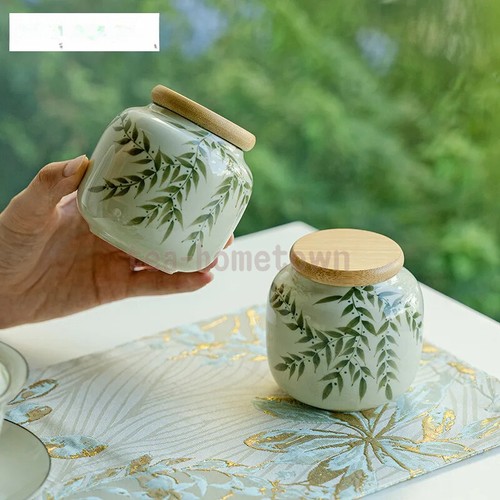 Hand Drawn Green Bamboo Tea Can Ceramic Sealed Tea Box Storage Tank Containers - Picture 1 of 3