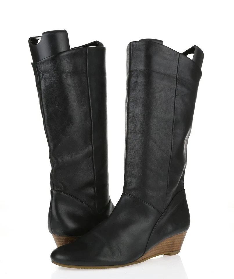 Mujer MARKON Botas altas de cuero negro con cuña talla 7 Foto 2 de 4