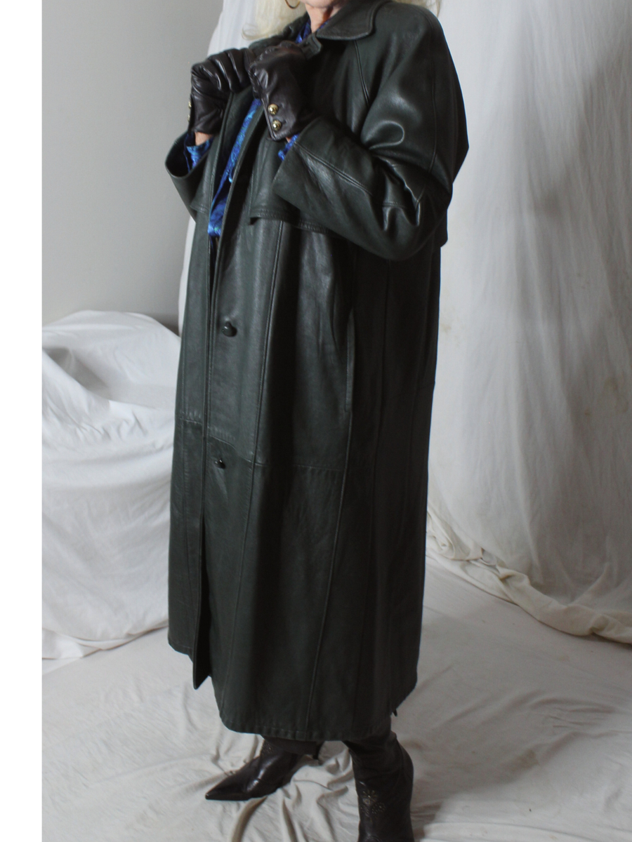 ジャケット・アウター SULLEN 80s Vintage Super Long Coat. Womens Leather Trench Coat Green M-L-XL? Long SOFT Lambskin