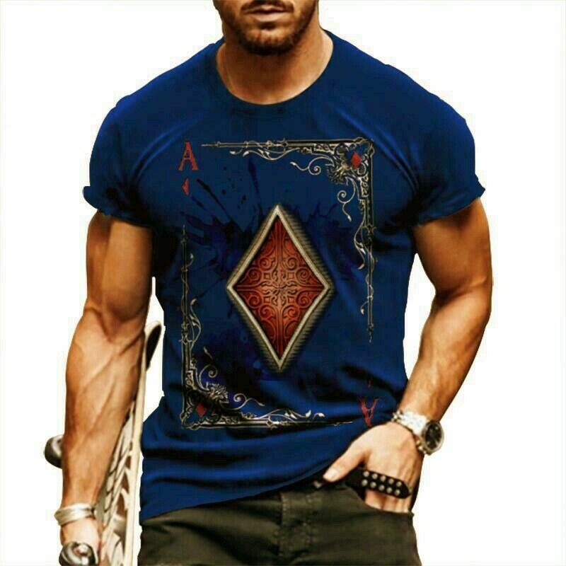 T-Shirt Men‘s Poker Card Ace of Diamonds Navy Blue Vintage Casual Soft Tee Shirt