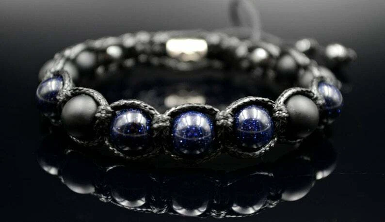 Pulseira masculina de pedras preciosas arenito ônix hematita macramê frisado - Imagem 4 de 4