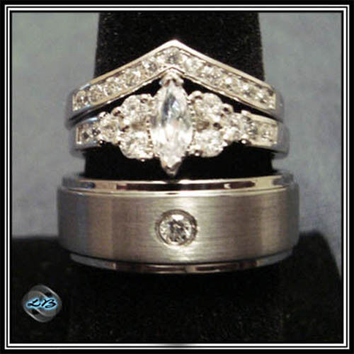 NEW 3 RING HIS BRUSHED DOME CZ Tungsten & HER Midori Wedding Band SET Size 5-13 - Picture 1 of 3