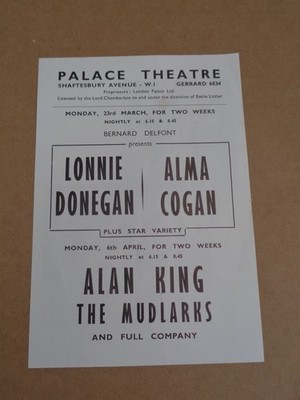 Lonnie Donegan/Alma Cogan - 1959 Palace Theatre, London Handbill (Mudlarks)