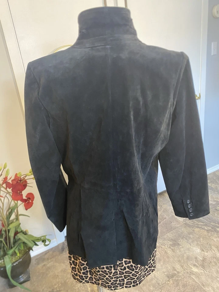 Dennis Basso Black Suede Black Leather Two Button Blazer / Jacket Good Size L - Image 2 of 4