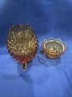 Vintage Fenton Amber Glass Orange Yellow Hobnail 3 Footed Egg Shaped Vase & Dish
