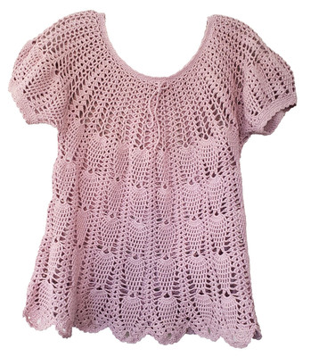 Crochet Knit Lilac Pink Cotton Pineapple Pattern Womens Small Ruffle Cap Sleeve