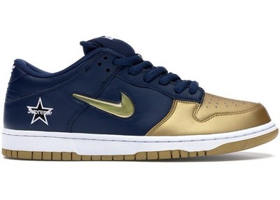 Nike SB Dunk Low QS x Supreme Navy Jewel Swoosh Metallic Gold 2019 Size 11