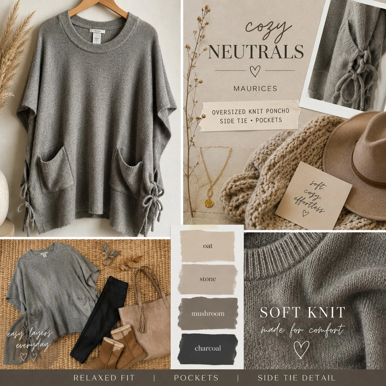 Maurices Gray Oversized Knit Poncho Sweater Side Tie Pockets S/M