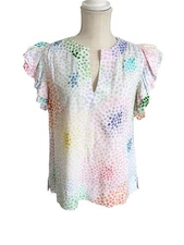 Emily McCarthy Top Size XS Oversized Pastel Ruffle Sleeve Top Embroidered Dots