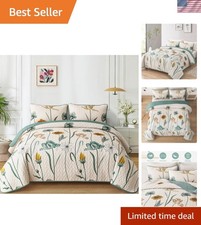 Floral Quilt Set King,Green Yellow Printed Botanical Bedspread Bedding Set wi...
