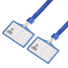 Badge holder 9.2x6.5cm with metal detachable hook lanyard neck, blue pcs 2