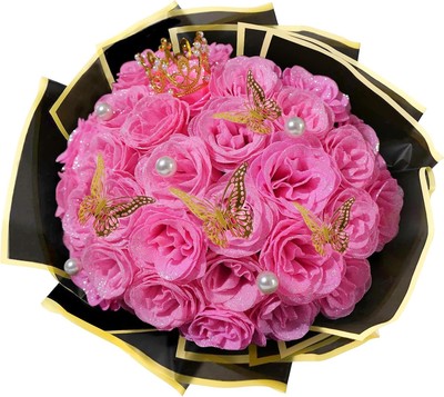 Pink Glitter Roses Bouquet, 24 Pcs Shiny Glitter Flowers Bouquet, Everlasting Ar