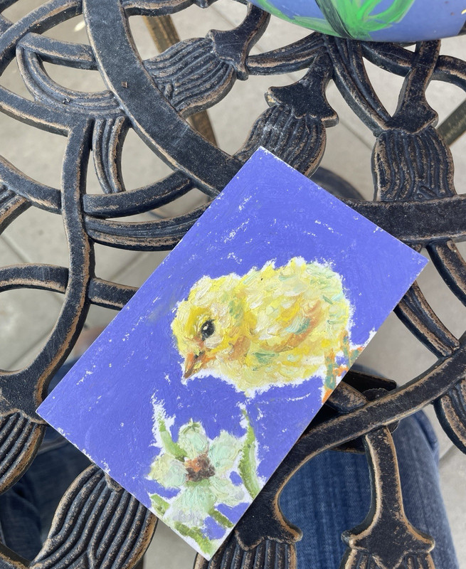 ACEO CHICK Miniature Folk Art Canvas Painting - Chick Birds Flowers,