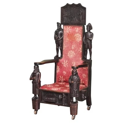 IMPORTANT FAUTEUIL ANCIEN SHAKESPEARE OTHELLO MACBETH SCULPTÉ À LA MAIN UNIQUE EN SON GENRE - Photo 1/4