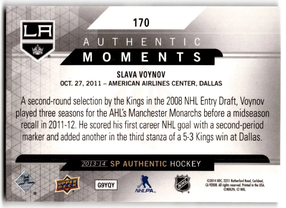 2013-14 SP Authentic Moments Slava Voynov #170 Los Angeles Kings - Image 2 of 2