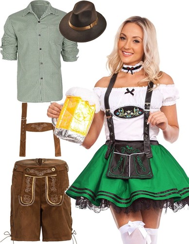 Couple Oktoberfest Costume Bavarian German Heidi Lederhosen Beer Maid Wench - Foto 2 di 11