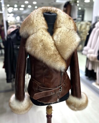Women Genuine Fox Fur Trim Real Shearling Biker Jacket Brown Short