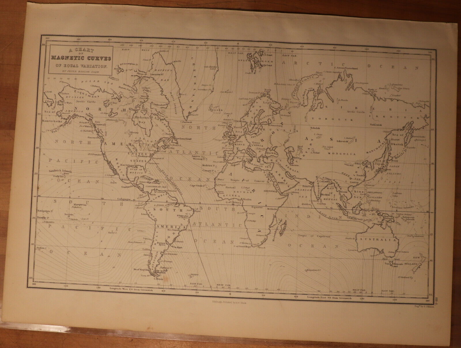 1856 Black's World Projection with Magnetic Curves - Map 17.2" x 12.6"