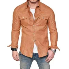 Men's Waxed TAN BROWN Real Lambskin Leather Shirt - Custom Paid Shipping Service