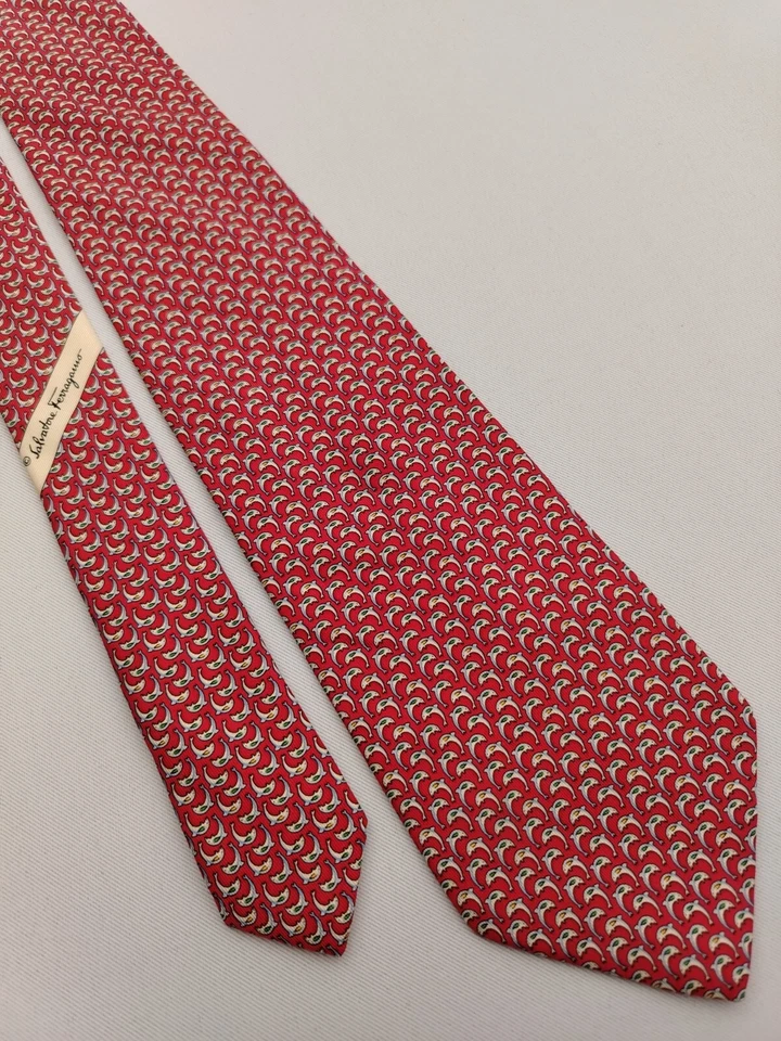 Salvatore Ferragamo Silk Designer Necktie Dolphin Repeat Pattern Red Men Tie - Image 4 of 4