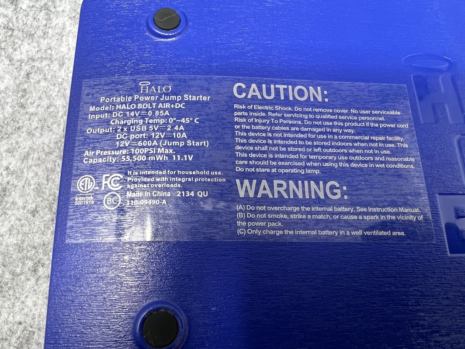 HALO AIR COMPRESSOR BOLT (BLUE) PORTABLE POWER JUMP STARTER & TIRE