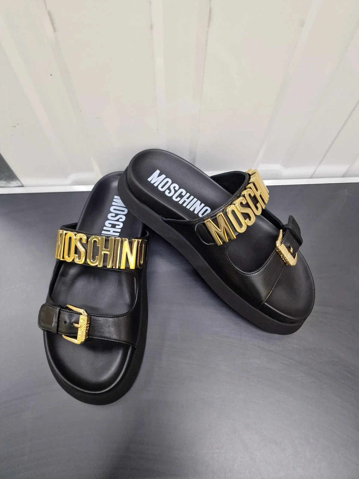 MOSCHINO Double Strap Leather Footbeds Sandals with Lettering logo - UK 7 /EU 40