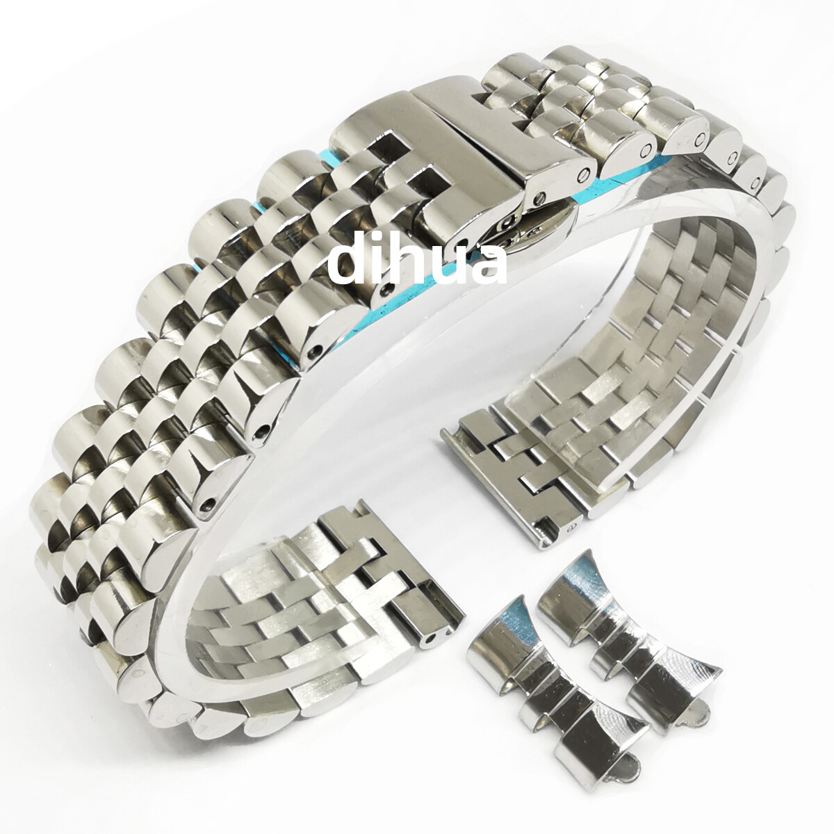 Silver 12mm-22mm Jubilee Flat+Curved End Bracelet Stainless Steel Watch Band