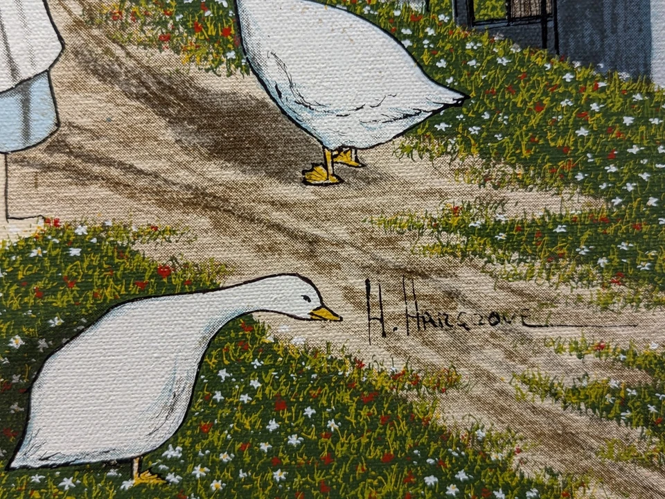 H Hargrove pintura al óleo original niña alimentando patos mientras papá trabaja Foto 3 de 4