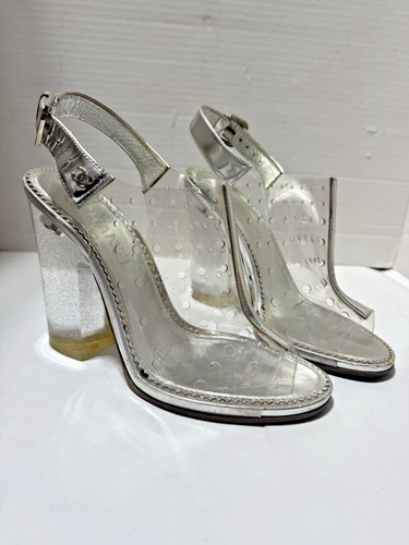 Chanel US 7.5 Sandals Transparent PVC Silver CC Logo Ankle Strap Open-Toe Shoes