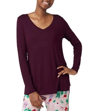Hue Women's Long-Sleeve V-Neck High-Low Pajama Top Burgundy Size L 0369