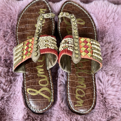 Sam Edelman Boho Chic Gideon Beaded Sandals Size 6.5 Toe Loop Flats Orange Gold - Picture 2 of 6