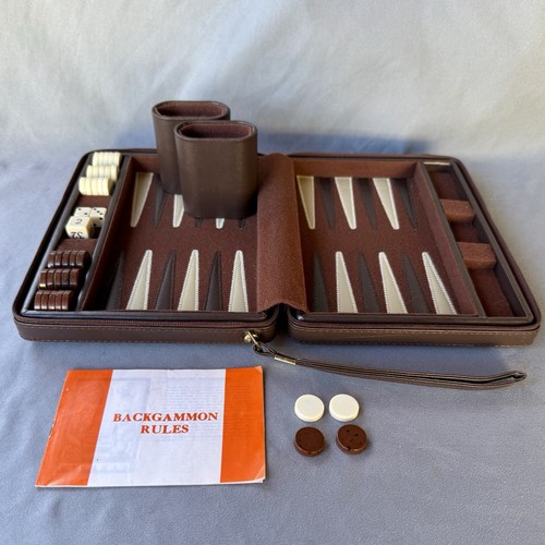 Komplettset - Vintage Backgammon Mini Reisekoffer - brauner magnetischer Reißverschlussriemen sehr guter Zustand - Bild 3 von 11