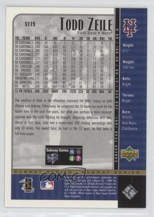2000 Upper Deck Subway Series Todd Zeile #NY19 - Image 2 of 2