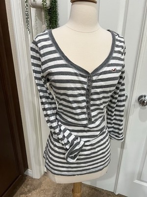 Y2K Gray & White Stripe Hollister Henley Ruffled Button Down Sz L Bella Swan