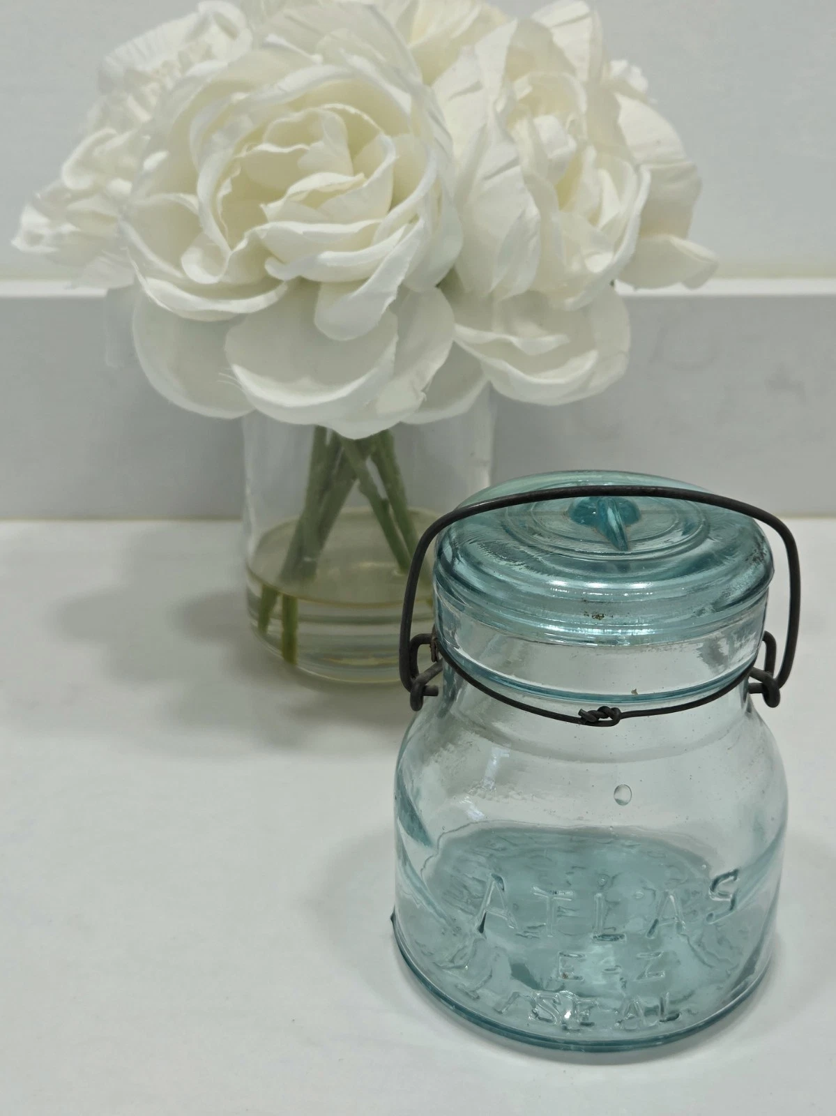 Vintage Atlas E-Z Seal Blue Canning Jar w/ Glass Lid and Wire Ring Lock, Pint