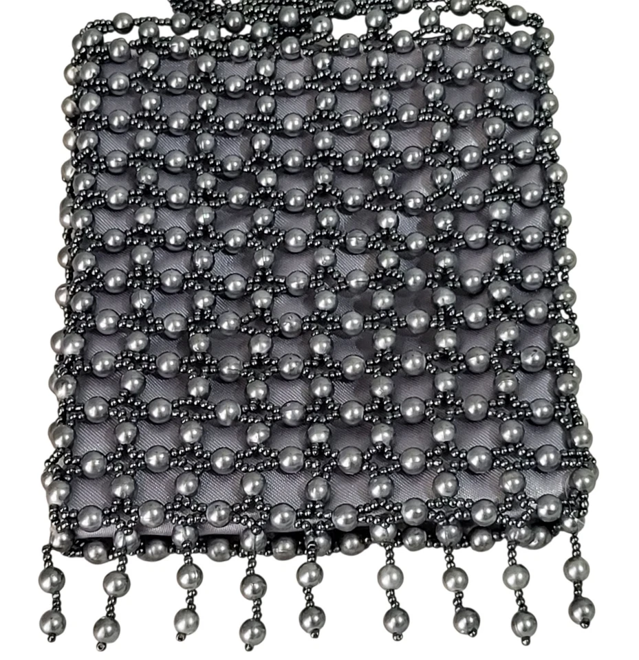 Bolso de Hombro de Noche Y2K Giorgio Beverly Hills De Colección Flecos con Cuentas Negro/Plateado Foto 3 de 4