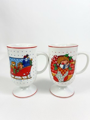 2 Vintage Christmas Pedestal Mugs 1980s Mervyns Made in Japan Sleigh Stocking