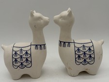 Matching Pair Llama Alpaca Blue White Ceramic Figurine Peruvian Style Pottery