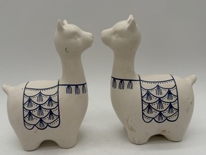 Matching Pair Llama Alpaca Blue White Ceramic Figurine Peruvian Style Pottery