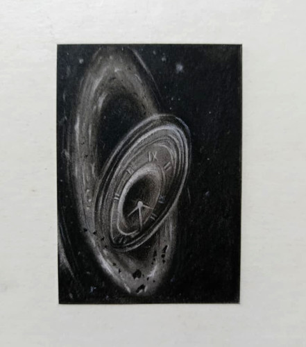 ACEO OOAK Original Pencil Drawing Surreal Clock Black Hole Space Time Sci-Fi