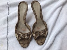 Gucci Vintage Big Horsebit Logo Brown Leather Canvas Heeled Sandals Sz 37C.