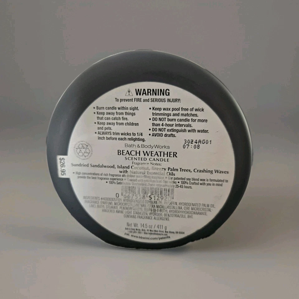 Nueva vela de 3 mechas Bath & Body Works BEACH WEATHER 14,5 oz Foto 3 de 3