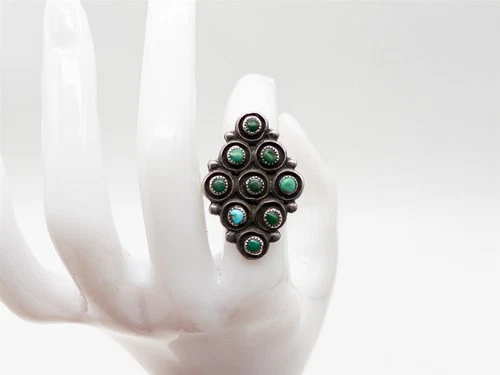Vintage 1930s DECO NAVAJO GREEN BLUE Turquoise Sterling Silver Ring BIG