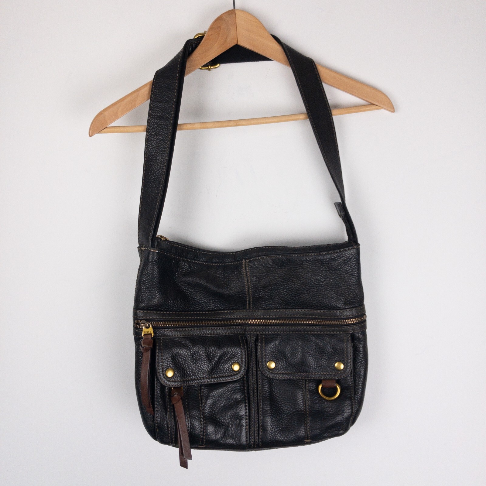 Fossil Purse Black Morgan Traveler Crossbody Pebbled Leather Distressed