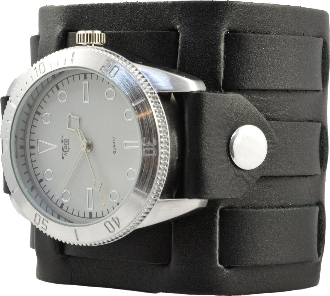 CuffWatches - Men's Black Leather Cuff Watch; Military Sport Dial