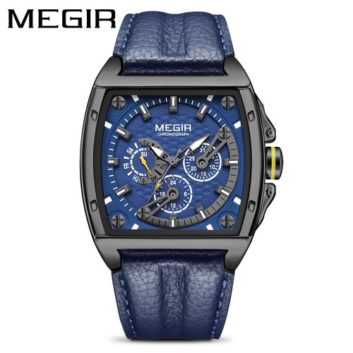 Megir Men's Genuine Leather Quartz Watch Chronograph Casual Square Wrist Watch - Picture 9 of 14