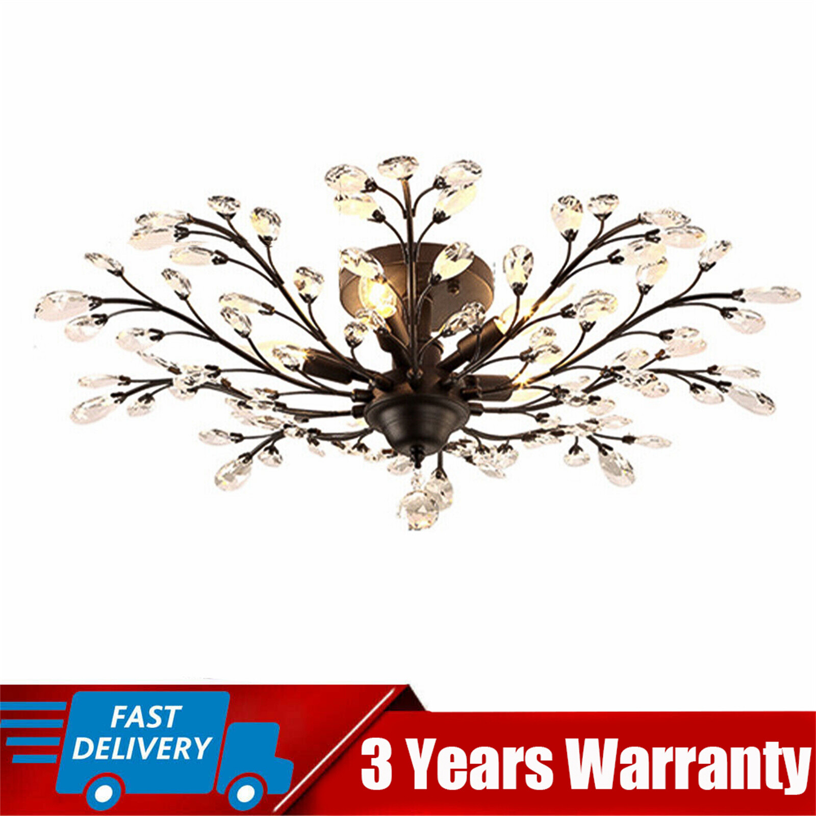 Crystal Chandelier Branches Pendant Lamp Vintage 5-Light Bedroom Ceiling Fixture